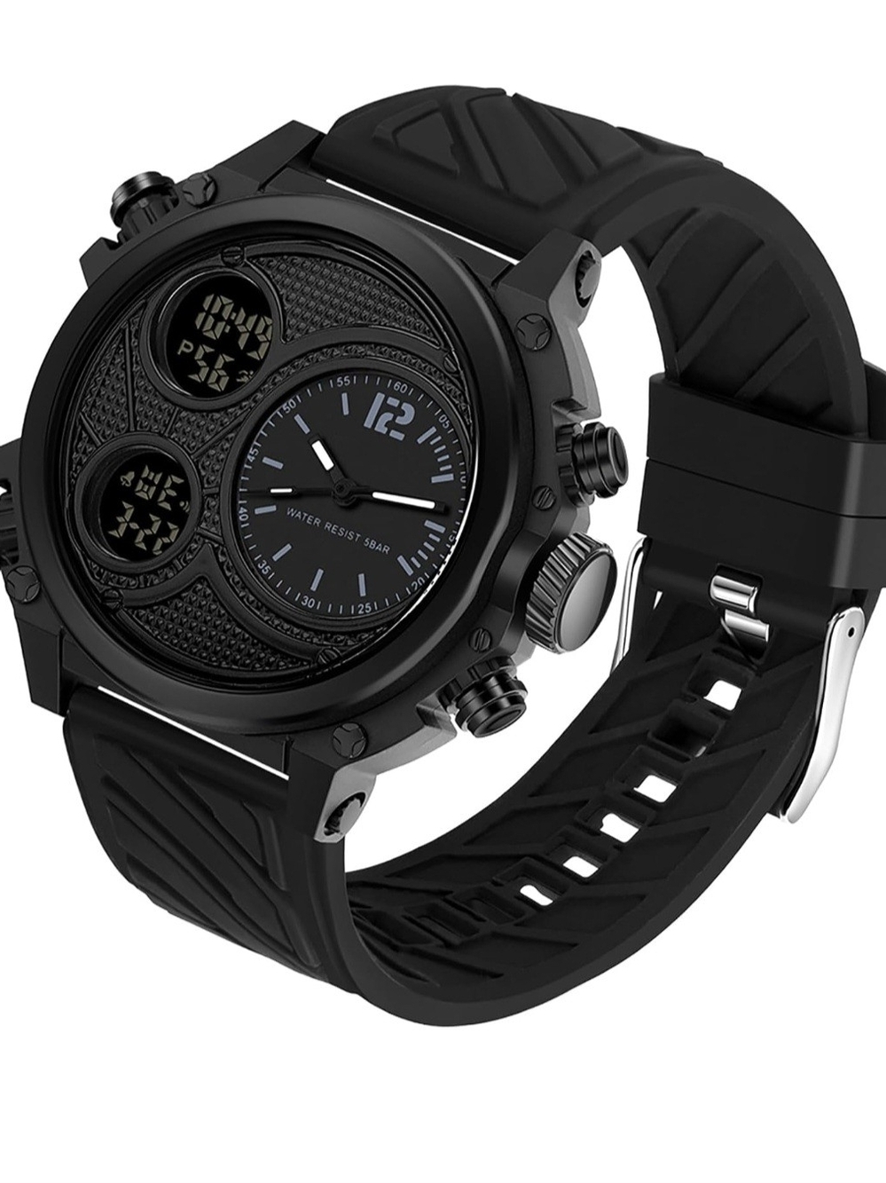 Men's Digital Analog Watch with Dual Time Zones, Stopwatch, Alarm, Countdown